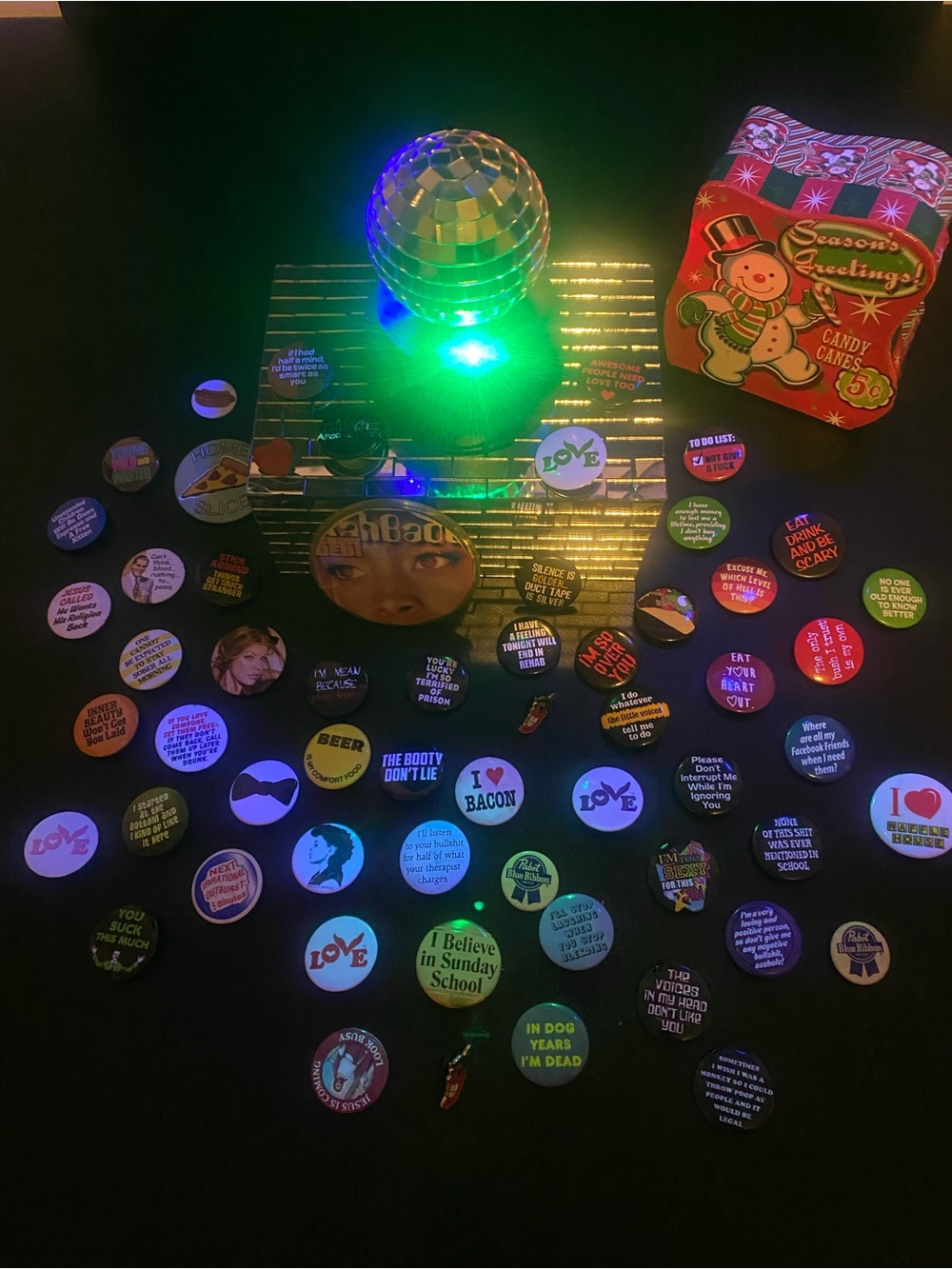 Novelty Pinback Button Lot with Christmas box